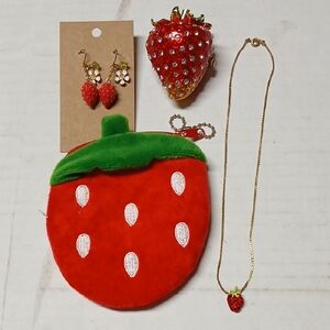 Strawberry Bundle Lot Jewel Trinket Box Charm Earrings Pendant Plush Coin Purse